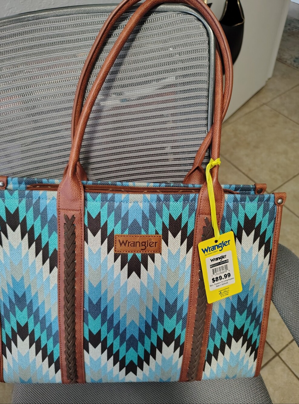 Wrangler Blue Aztec Tote Bag with Brown Trim, Holds A Laptop & Concealed Carry